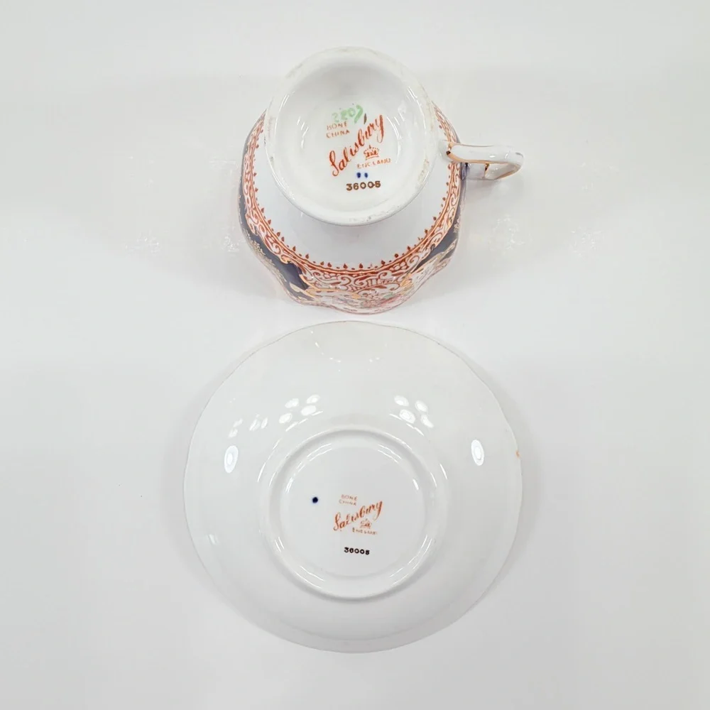 Salisbury Trio Footed Teacup Cup Saucer, Bone China Cobalt Blue Imari Floral Vtg